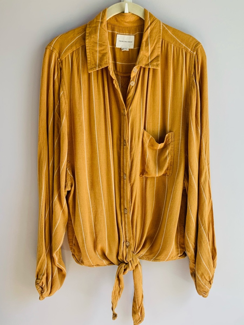 American Eagle Shirt Gold Yellow Stripes Button Front Tie Waist Long Sleeves M